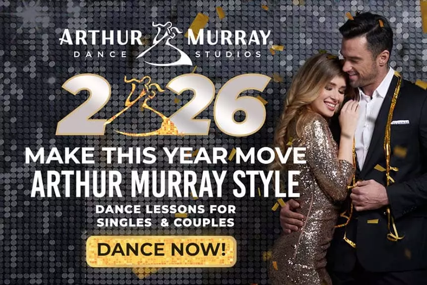 Arthur Murray Dance Studios New Year 2026 banner offering ballroom dance lessons for singles and couples